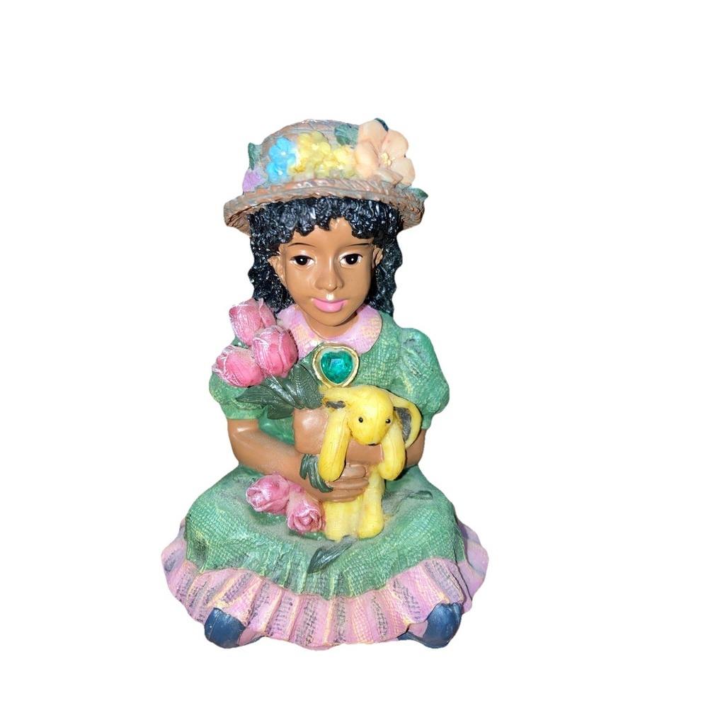 Hand-painted‎ Girl Figurine with Yellow Dog Floral Hat Green Dress 3.5 inch